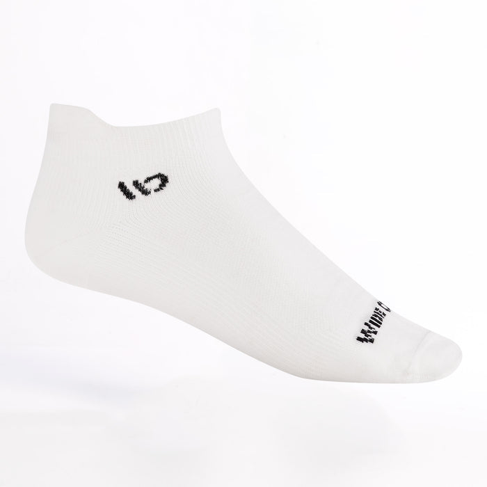 Men's Ankle lightweight no cushion sock in white featuring a black logo