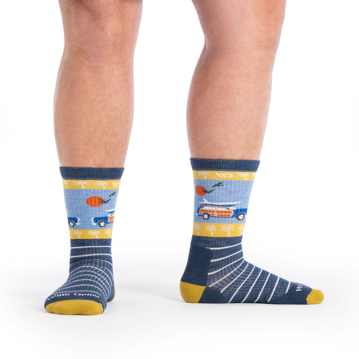 model image one foot to the side one facing forward wearing the 9008 way back cushion crew in denim