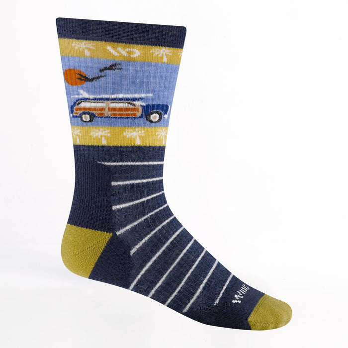 9008 Way back cushioned crew in denim featuring a yellow heel/toe blue body with white stripes and a woody car with surf board on roof