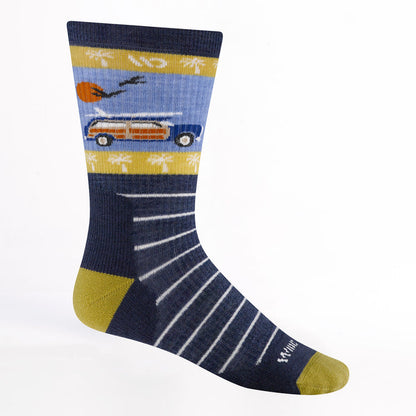 9008 Way back cushioned crew in denim featuring a yellow heel/toe blue body with white stripes and a woody car with surf board on roof