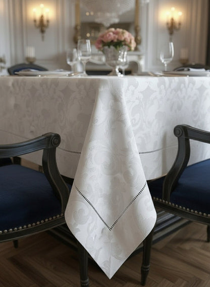 MILANO WHITE JACQUARD TABLE CLOTH 116" X 56" RECTANGLE