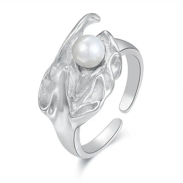 Modern Design Pearl Adjustable Open Ring Sterling Silver S925 18K Gold Plated - Pantsnsox