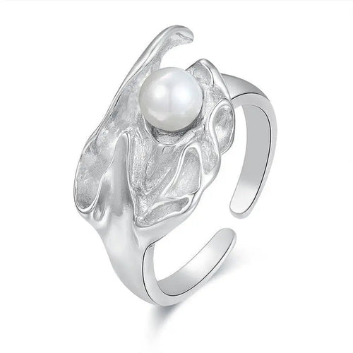 Modern Design Pearl Adjustable Open Ring Sterling Silver S925 18K Gold Plated - Pantsnsox