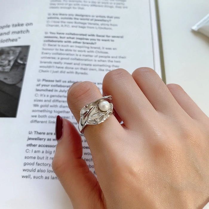Modern Design Pearl Adjustable Open Ring Sterling Silver S925 18K Gold Plated - Pantsnsox