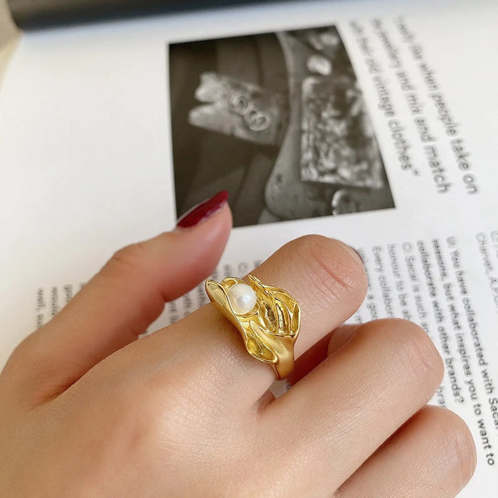 Modern Design Pearl Adjustable Open Ring Sterling Silver S925 18K Gold Plated - Pantsnsox