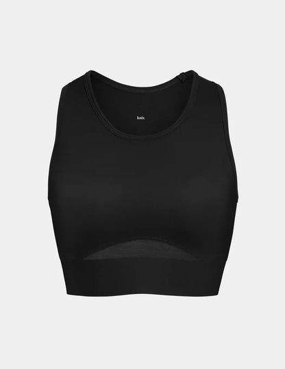 | View of Momenta Racerback Sports Bra shown front-facing against a light gray background | Black