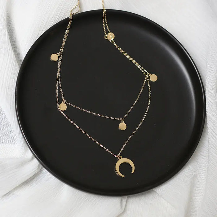 Moon and Stars Charm Pendant Double Chain Necklace 14K Gold Plated Layered Gift Pouch Pantsnsox