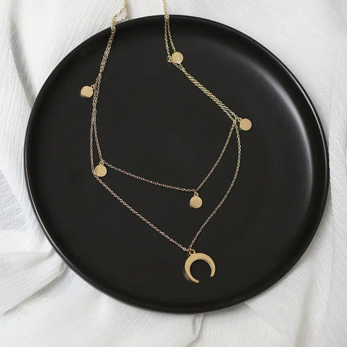 Moon and Stars Charm Pendant Double Chain Necklace 14K Gold Plated Layered Gift Pouch Pantsnsox