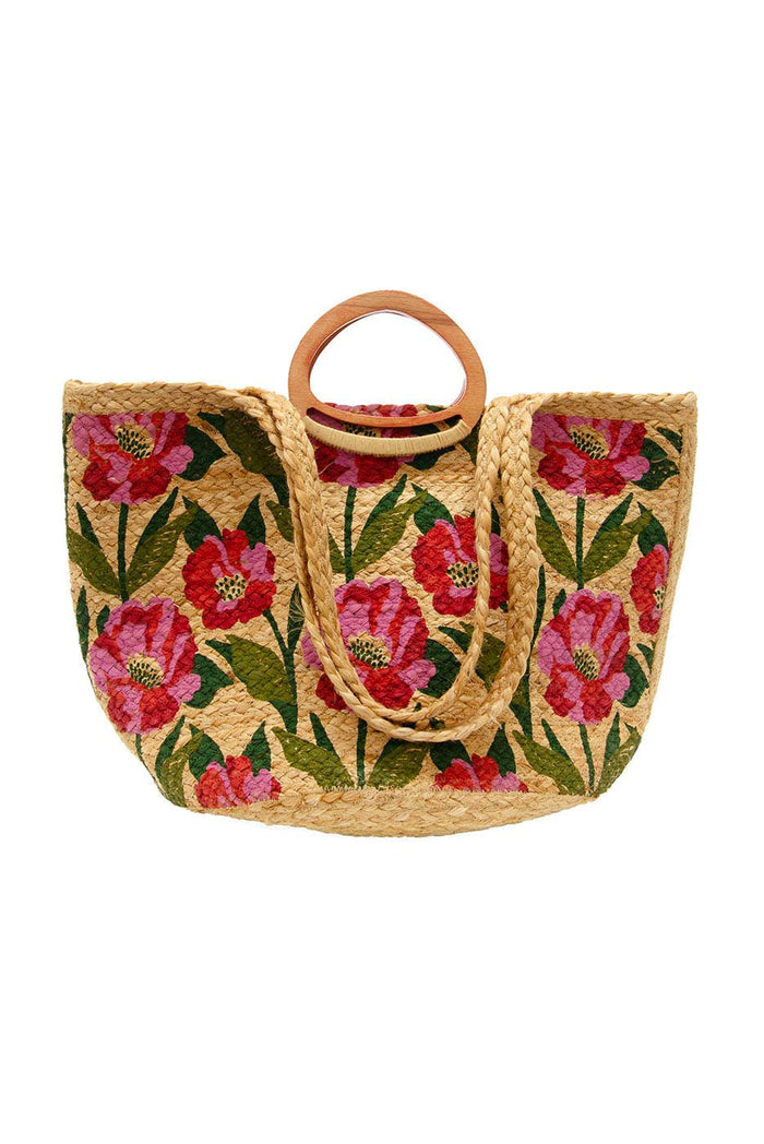 Multi Poppy Painted Nell Wood Handle Jute Tote