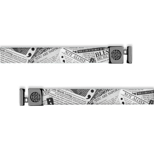 Flat hoodie string. Design is newspaper clippings in black and white. The inside reads "My Story Isn't Finished" and the aglets are black.