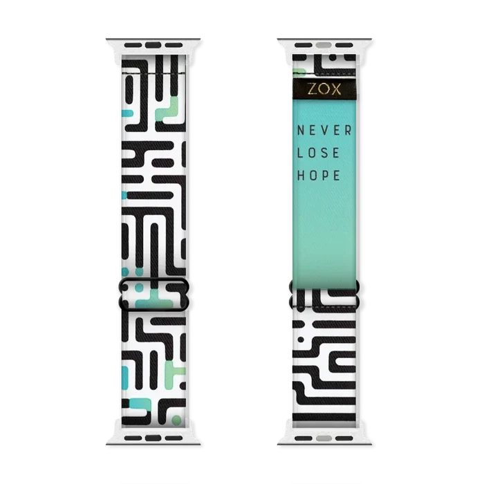 Watchband. This design has an underlying green and teal gradient effect with black and white maze on top. The inside is the same gradient and reads Never Lose Hope. Check out the size guide for compatible watches.