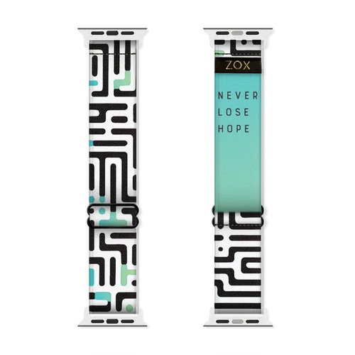Watchband. This design has an underlying green and teal gradient effect with black and white maze on top. The inside is the same gradient and reads Never Lose Hope. Check out the size guide for compatible watches.