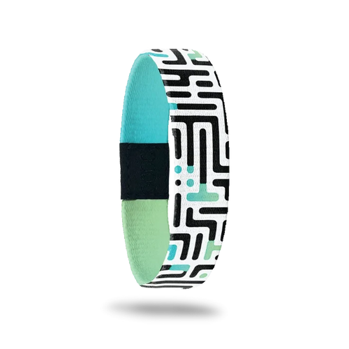 Wristband single. This design has an underlying green and teal gradient effect with black and white maze on top. The inside is the same gradient and reads Never Lose Hope.
