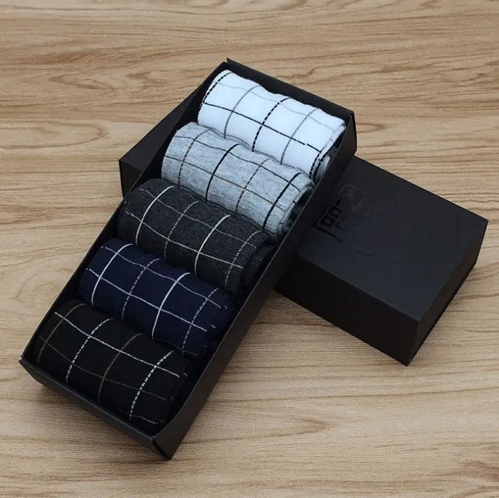 New Arrival Mens Cotton Socks Comfortable Pattern Black Grey Mix 5 Pack Gift Box - Pantsnsox