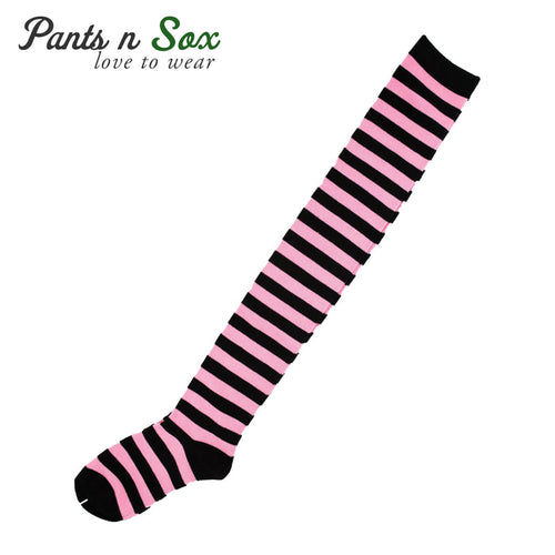 New Womens Ladies Black Pink Striped Thigh High Socks Size 2-8 - Pantsnsox