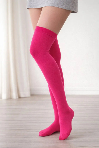 New Womens Ladies Cotton Socks Black Hot Pink Thigh High Socks Size 2-8 model image