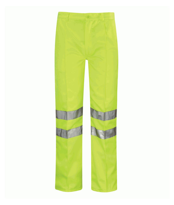 Omega Hi Vis Work Trouser yellow 80% polyester 20% cotton 275GSM reflective tape EN ISO 20471 Class 1 regular leg 3 pockets