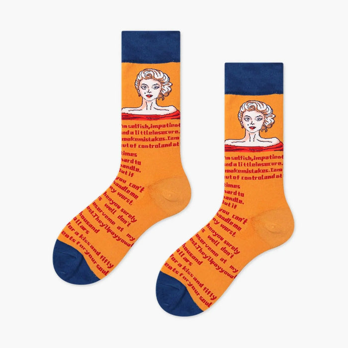 Women Royal Portrait Crew Colorful Lady Face Casual Cotton Socks - Pantsnsox