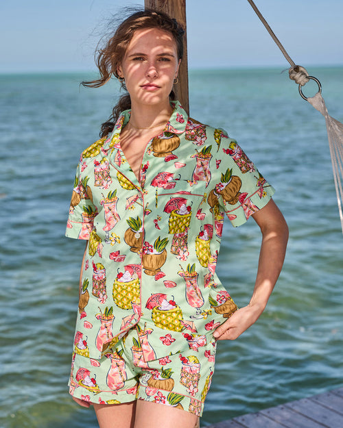 Front view of the Mojito short pajama set with button-down top and matching shorts