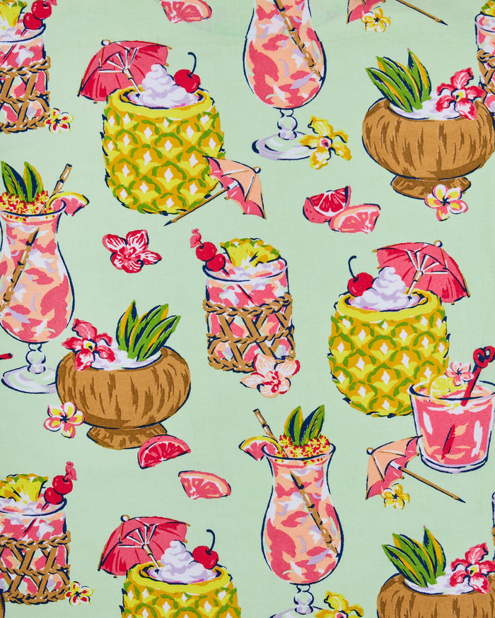 Mojito print with illustrated tropical drinks, pineapples, coconuts, fruit, umbrellas, and flowers