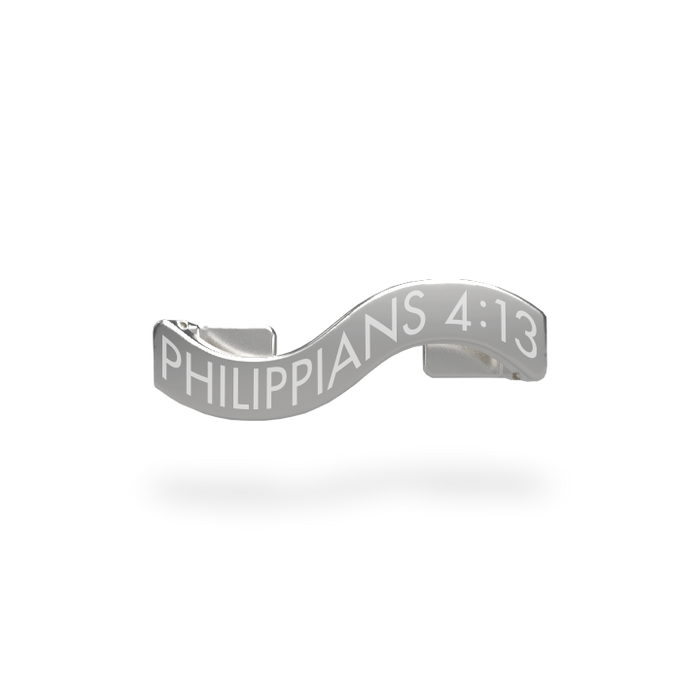 This is a charm that fits ZOX single wristbands, lanyards and hoodie strings only. It is made from stainless steel and is silver in color. The words PHILIPPIANS 4:13 are etched in the metal.