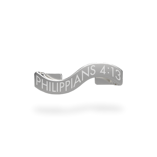 This is a charm that fits ZOX single wristbands, lanyards and hoodie strings only. It is made from stainless steel and is silver in color. The words PHILIPPIANS 4:13 are etched in the metal.