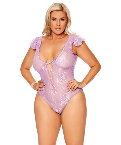 Plus Size Lace Teddy with Pearl Button Closure & Cap Sleeves in Lilac. Reg. $40 Elegant Moments