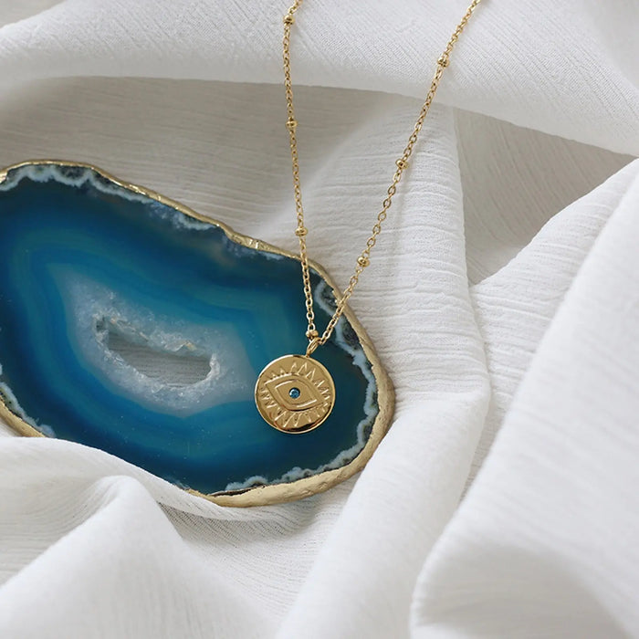 Protection Necklace, 18K Gold Plated Dainty Evil Eye Necklace With Blue Diamonte - Hypoallergenic & Water-Resistant Crushes.