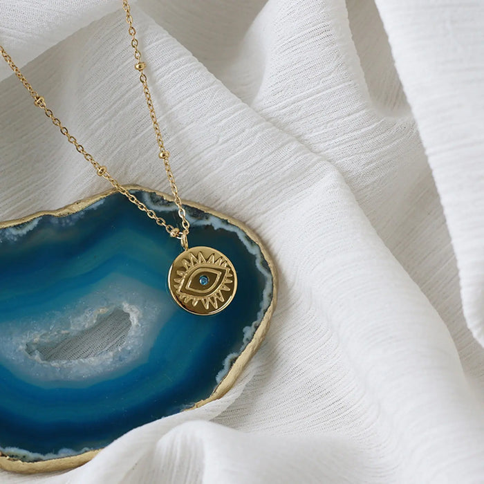 Protection Necklace, 18K Gold Plated Dainty Evil Eye Necklace With Blue Diamonte - Hypoallergenic & Water-Resistant Crushes.