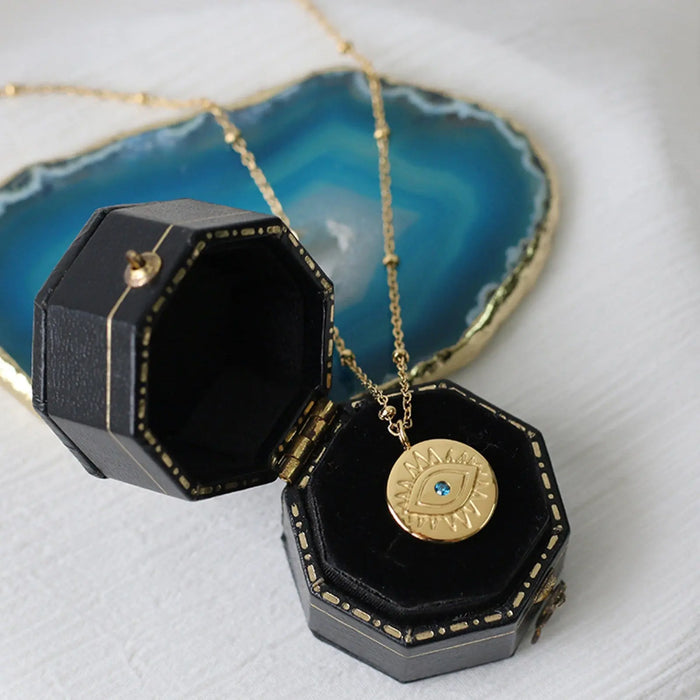 Protection Necklace, 18K Gold Plated Dainty Evil Eye Necklace With Blue Diamonte - Hypoallergenic & Water-Resistant Crushes.