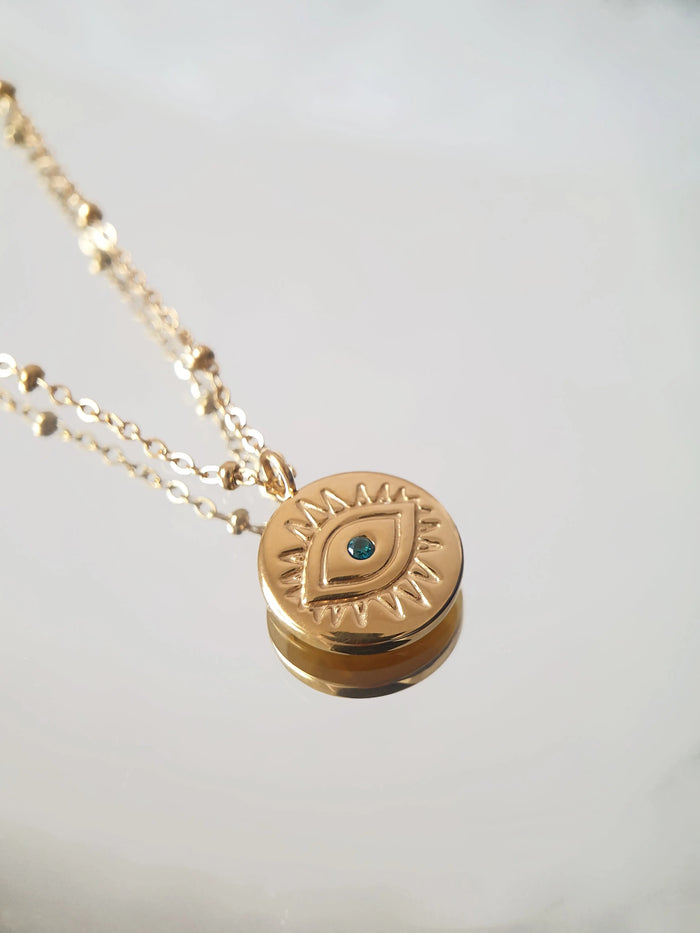 Protection Necklace, 18K Gold Plated Dainty Evil Eye Necklace With Blue Diamonte - Hypoallergenic & Water-Resistant Crushes.