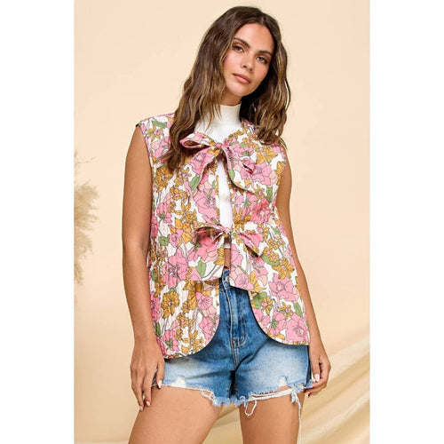 Quilt Ribbon Tie Vest - White Floral