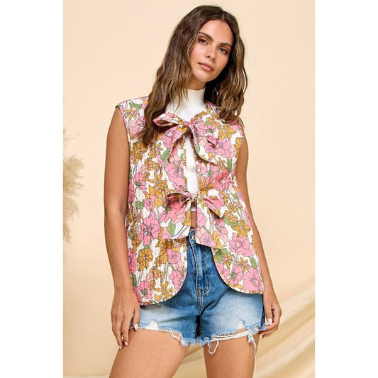 Quilt Ribbon Tie Vest - White Floral