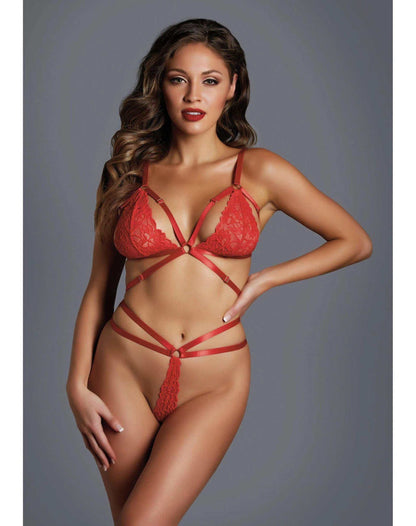 The Flame, Just too hot to handle. The lace & strappy bralette matching thong in Red - Pixie G-String with lace front panel