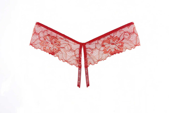 Tallulah Open Panty, Delicate scalloped lace open panty rhinestone strap trim in Red - Panty