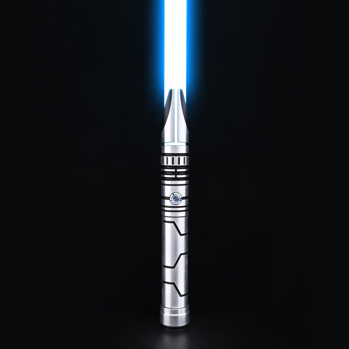 Rift Fang silver saber with blue blade and split emitter