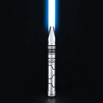 Rift Fang silver saber with blue blade and split emitter