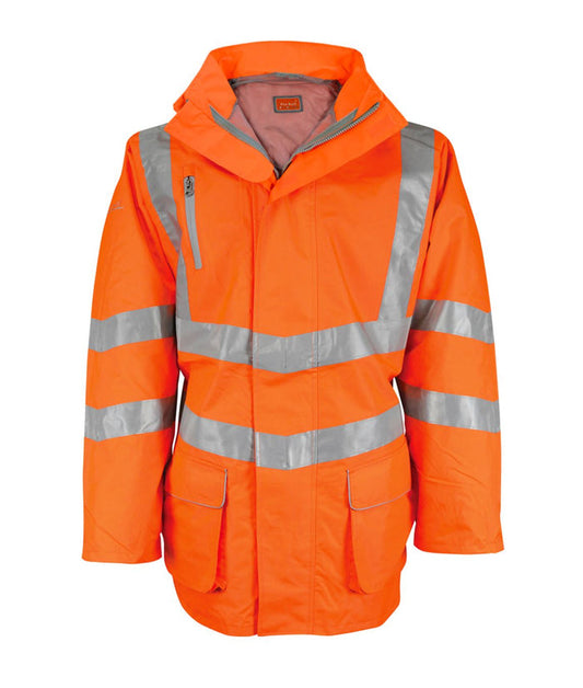 Sabre 2 Breathable Hi-Vis railway jacket with chevron reflective tape detachable wired-peak hood waterproof chest zip