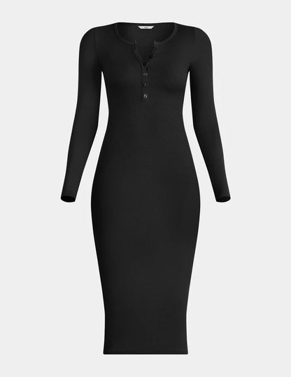 | SculptRib™ Cotton Henley Dress shown front-facing against a light gray background | Black