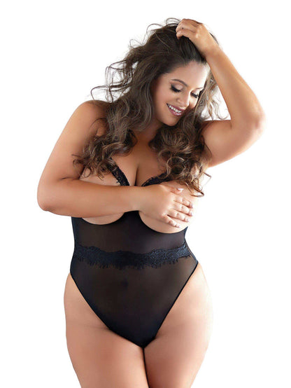 Selena Plus Size Sheer Mesh Open Cup Teddy with Eyelash Lace, Adjustable Halter Neck Allure Lingerie
