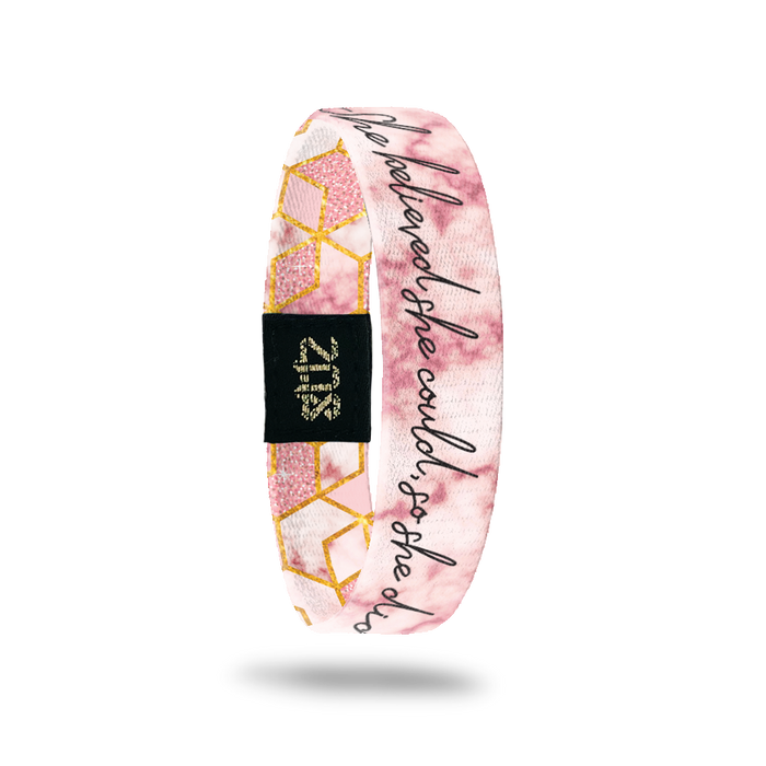 Inside Design of She Believed She Could So She Did: watercolor pink background with cursive black text ‘She Believed She Could So She Did’