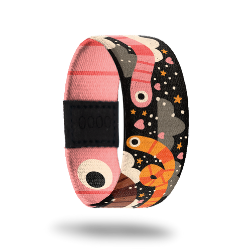 Outside is black with orange and pink striped worms. Hearts, stars and dots with black clouds. Inside is pink striped with big worm eyes and reads "Slide On Over". Comes with an enamel pin of a pink striped worm.