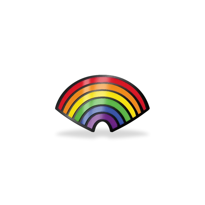 This is a charm that fits ZOX single wristbands, lanyards and hoodie strings only. It is made from stainless steel and is gunmetal in color. The design is a rainbow with all of the colors, trimmed in gunmetal.