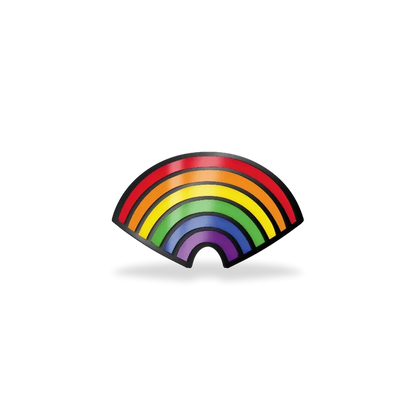 This is a charm that fits ZOX single wristbands, lanyards and hoodie strings only. It is made from stainless steel and is gunmetal in color. The design is a rainbow with all of the colors, trimmed in gunmetal.