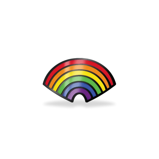 This is a charm that fits ZOX single wristbands, lanyards and hoodie strings only. It is made from stainless steel and is gunmetal in color. The design is a rainbow with all of the colors, trimmed in gunmetal.