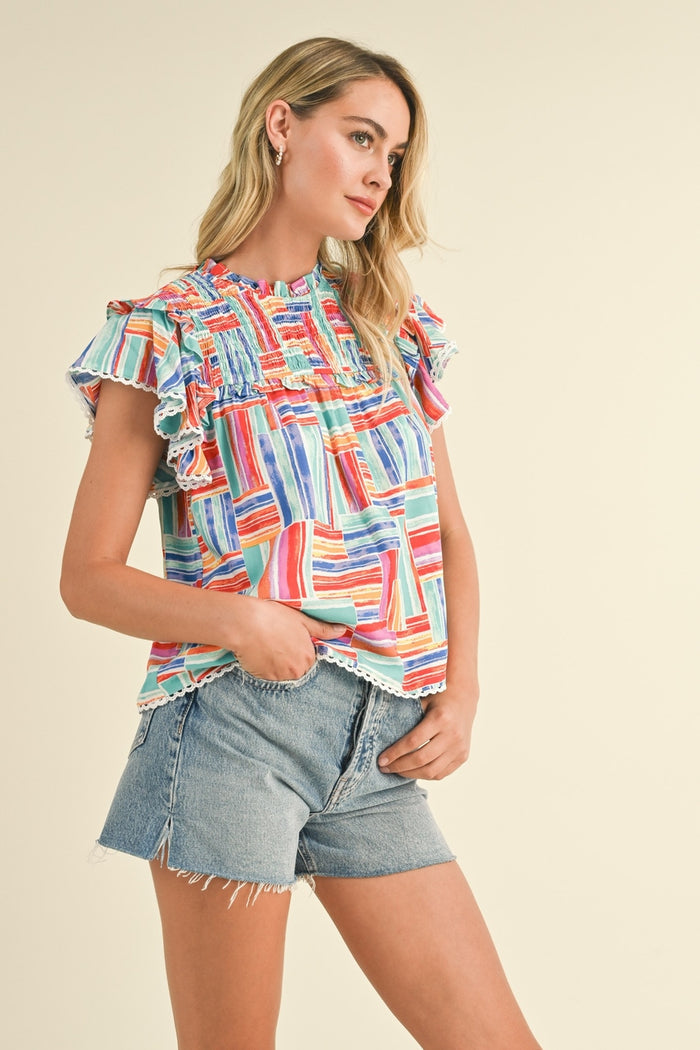 Smocked Ruffle Trim Top