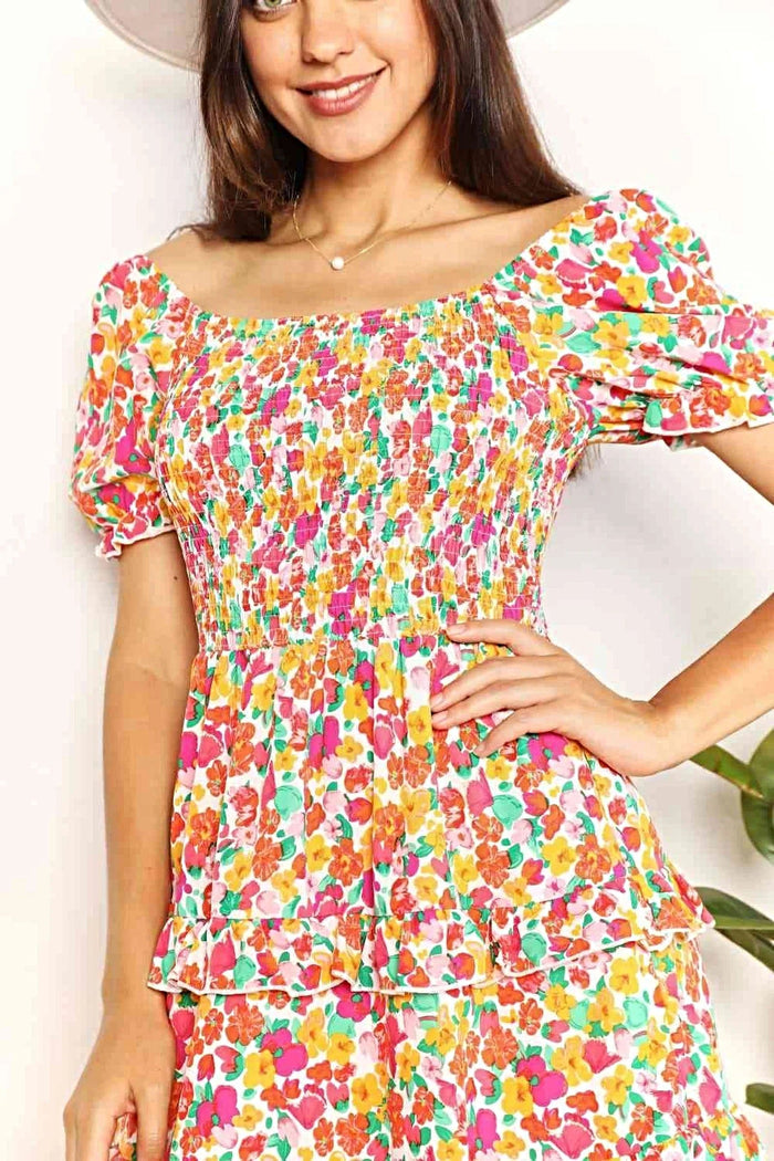 Smocked Sweetheart Dress with Flounce Sleeves - Floral Mini Dress for Effortless Elegance Trendsi