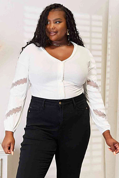 Sophisticated V-Neck Blouse with Dropped Shoulders and Elegant Lace Detail Trendsi