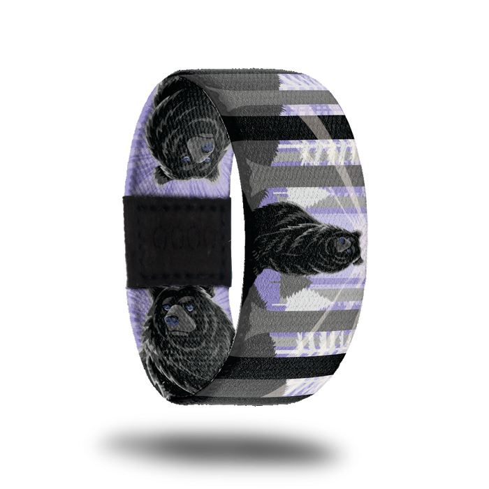 Outside Design of Stand Tall: purple background with white, grey, and black tree forest and a bear in the middle