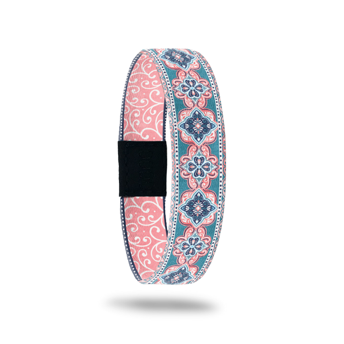 Light pink and muted teal design of Victorian designed mandalas. Inside is pink and white swirls and reads Stay Humble Stay Kind.